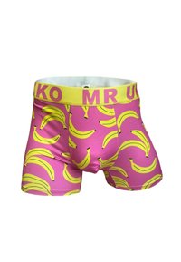 Roze boxershorts met een gele tailleband met daarop de tekst "MR UK". Versierd met gele bananenpatronen over het hele ontwerp. Zacht en rekbaar materiaal.