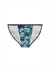 Florale Hipster-Unterwäsche mit blauen und navyfarbenen Mustern, seitlichen Netzpaneelen und kontrastierenden Akzenten. Sie verfügt über eine glatte Textur und eine figurbetonende Passform.