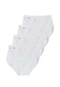 Pacco di quattro mutande di cotone bianco, con dettagli in pizzo sui lati, bordo ondulato e una finitura liscia. Ognuna ha un'etichetta nella cintura.