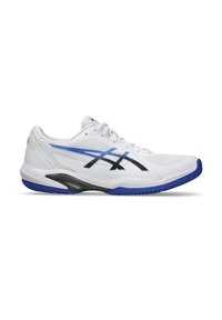 White athletic shoe with a mesh upper, blue and black accents, a textured sole, and a rounded toe. Features a lace-up design and signature logo.