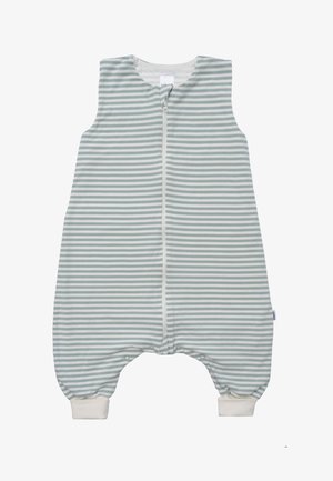 Gestreifter Schlafanzug in Hellgrau und Weiß. Hergestellt aus weichem Stoff mit einem durchgehenden Reißverschluss vorne und elastischen Bündchen an den Beinen. Rundhalsdesign.