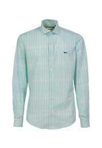 Lichtblauw en wit gestreepte shirt van stof, met een button-down kraag, lange mouwen en een klein marineblauw logo op de borst.