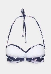 Marineblaues Blumenset-Bikinioberteil mit weißen gepolsterten Körbchen, verstellbaren Nackenbändern und einem Clasp-Rückenverschluss. Es hat blaue und rosa Blumenakzente am Unterband.