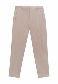 Beige skräddarsydda byxor med slät front, två sidofickor och rak passform. Slätt tyg och minimal sömdetalj.