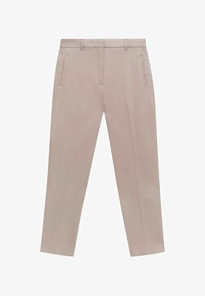 Beige op maat gemaakte broeken met een vlakke voorkant, twee zijzakken en een rechte snit. Glad stof en minimale stikseldetails.