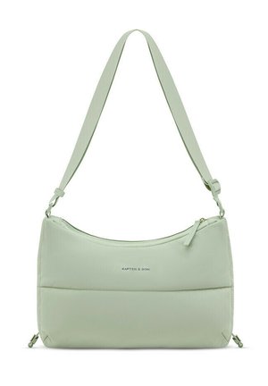 Hellgrüne rechteckige Schultertasche mit verstellbarem Riemen, Reißverschluss und "Kapten & Son"-Logo in der Mitte vorne.