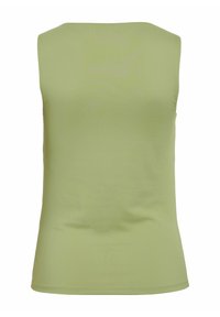Zielony top bez rękawów wykonany z gładkiego materiału. Posiada okrągły dekolt oraz dopasowany krój bez widocznych wzorów czy ozdób.