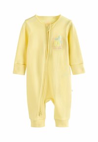Body in cotone giallo con maniche lunghe, chiusura con zip completa e un piccolo design di limone ricamato sul petto. Tessuto morbido, leggero.