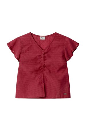 Blusa rossa a maniche corte con scollo a V, motivo a diamante finemente strutturato, parte anteriore arricciata e piccolo logo in metallo sull'orlo inferiore.