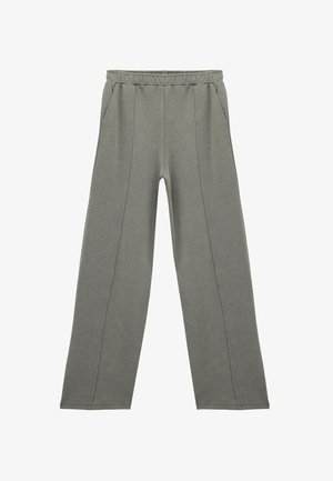 Graue Sweatpants aus weichem Stoff mit elastischem Bund, ausgestattet mit zwei Seitentaschen und einem lockeren, weit geschnittenen Bein.