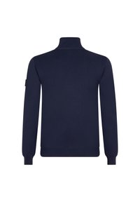 Dunkelblaues Rollkragensweatshirt, Strickstoff, lange Ärmel, gerippte Bündchen und Saum, mit einem kleinen Logo-Patch am linken Ärmel.