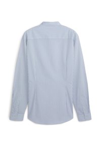 Camicia a maniche lunghe a strisce azzurro chiaro con colletto button-down, caratterizzata da una texture liscia e polsini con bottoni sulle maniche.