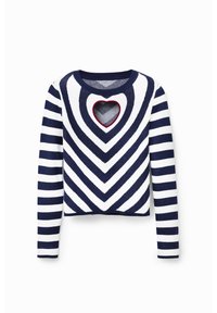 Sweter w paski w kolorach granatowym i białym, z wycięciem w kształcie serca, dopasowanym kroju, długimi rękawami i okrągłym dekoltem.