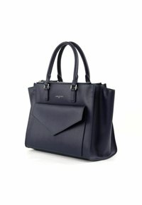 Sac à main en cuir bleu marine avec double poignées, poche en enveloppe à l'avant, fermeture éclair argentée et logo Lancaster Paris sur une surface lisse et texturée.