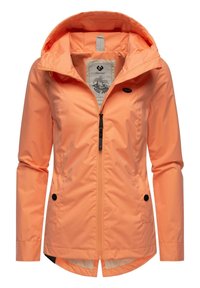 Leichte, wasserabweisende Jacke in Koralle, mit durchgehendem Reißverschluss, verstellbare Kapuze, zwei Vordertaschen mit schwarzen Knöpfen und abgerundetem Saum.