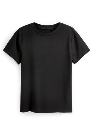 Black cotton t-shirt with a crew neckline and short sleeves. Smooth texture, straight cut, and no patterns or embellishments.