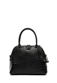 Bolso de mano negro con estampado de cocodrilo que presenta una forma redondeada, dos asas superiores y una correa de hombro desmontable con acentos en tono dorado.