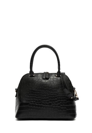 Borsa nera in pelle con stampa coccodrillo, caratterizzata da una forma tondeggiante, doppi manici superiori e una tracolla staccabile con dettagli in tono oro.
