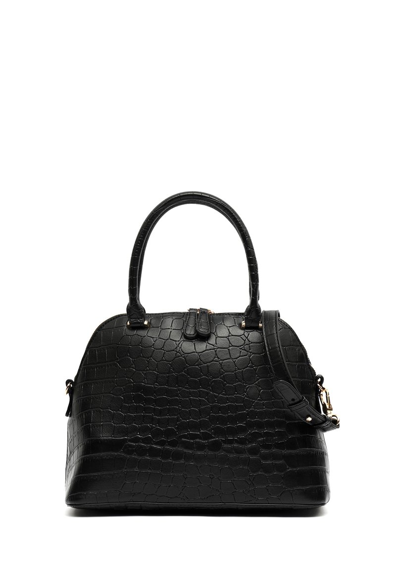 Bolso de mano negro con estampado de cocodrilo que presenta una forma redondeada, dos asas superiores y una correa de hombro desmontable con acentos en tono dorado.