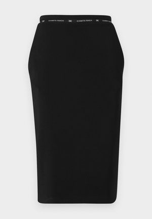 Black fitted pencil skirt with a smooth texture, featuring a branded elastic waistband at the top and a knee-length cut.