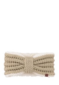Gebreide hoofdband in beige met een gestructureerd, gedraaid ontwerp. Zachte, witte pluizige voering aan de binnenkant. Klein merketiket aan de zijkant.