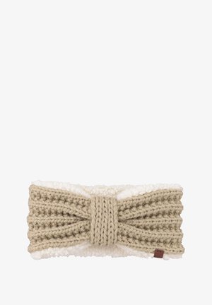 Knit headband in beige with a textured, twisted design. Soft, white fuzzy lining on the inside. Small branding tag on the side.