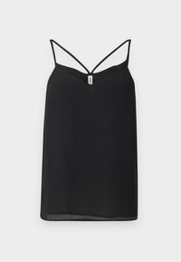 Haut camisole noir sans manches avec fines bretelles doubles et petite étiquette de marque blanche au niveau de l'encolure sur fond uni.