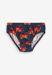 Caleçons de bain pour enfants en bleu marine avec des motifs de camions de pompiers rouges, taille élastique et doublure intérieure douce pour le confort.