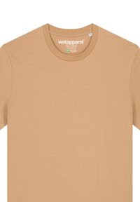 Beige Kurzarm-T-Shirt aus weichem Baumwollmaterial, mit Rundhalsausschnitt und minimalistischem Design ohne sichtbare Muster.