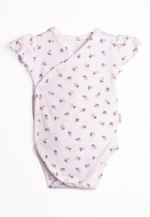 Biały body dla niemowląt z różowo-pomarańczowym kwiatowym wzorem, krótkimi falbaniastymi rękawkami oraz zatrzaskami na przodzie i na dole.