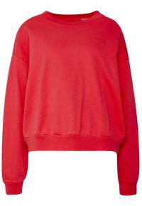 Czerwona bawełniana bluza z szerokim, okrągłym dekoltem, opuszczonymi ramionami i ściągaczami na rękawach. Na przodzie subtelne tłoczone logo.