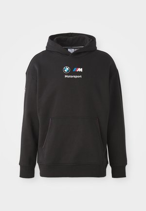 Zwarte hoodie van zachte stof, met een voorzak in kangoeroestijl, BMW- en M Motorsport-logo's op de borst, en gekleurde accenten op de zak.