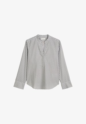 Biała koszula z długim rękawem z geometrycznym wzorem w brązowe akcenty, z kołnierzykiem stójkowym i prostym wykończeniem dla luźnego kroju.