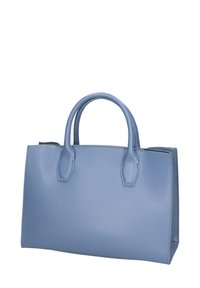 Borsa a mano in pelle blu con design strutturato, doppi manici superiori e superficie testurizzata. Accenti semplici e senza loghi o motivi visibili.