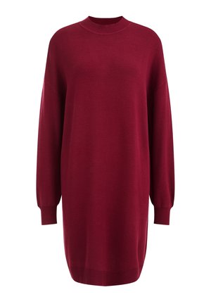 Robe-pull en maille bordeaux à manches longues, avec poignets et ourlet côtelés, col rond et coupe décontractée.