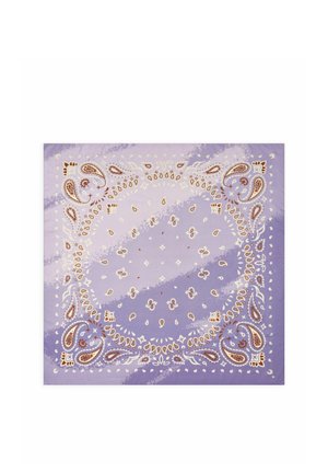 Quadratisches violettes Bandana mit einem Paisley-Muster in weißen, braunen und beigen Tönen, gleichmäßig über den Stoff verteilt.