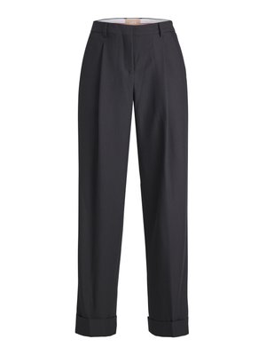 Dark gray trousers made of a textured fabric, featuring a high waist, pleats, and rolled cuffs at the hems.