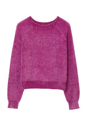 Rosa gerippter Strickpullover mit runder Halslinie, langen Raglanärmeln und engerem Saum, der eine weiche Textur und ein Farbverlaufmuster aufweist.