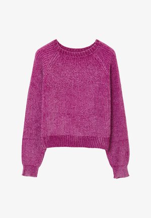 Rosa gerippter Strickpullover mit runder Halslinie, langen Raglanärmeln und engerem Saum, der eine weiche Textur und ein Farbverlaufmuster aufweist.