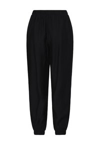 Pantalon noir avec taille élastique et chevilles resserrées, coupe décontractée et tissu léger.