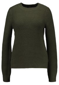Maglione lavorato a maglia di colore verde oliva con colletto rotondo, maniche lunghe, motivo testurizzato e polsi e orlo a coste.