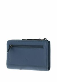 Portefeuille en cuir bleu à surface texturée, doté d'une poche zippée sur le dessus et d'un logo embossé. Forme compacte et rectangulaire.