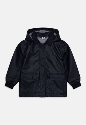 Navy blue children's rain jacket with hood, striped inner lining, front pockets with flaps, and elastic cuffs.