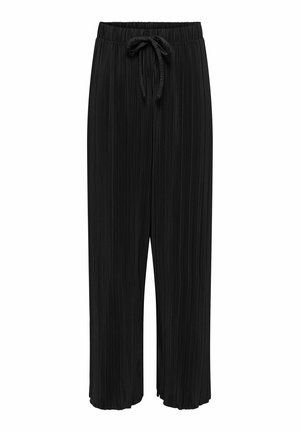 Pantalons larges plissés noirs avec une ceinture élastique à cordon. Présentent une texture douce et une longueur cropped, adaptés pour un usage décontracté.