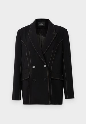 Svart dubbelknäppt blazer i vävt tyg, med kontrasterande beige sömmar, två framfickor och svarta knappar.