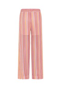 Pantalon à jambes larges avec un motif vertical de lignes courbes rouges, orange et roses sur un fond clair, taille élastique.