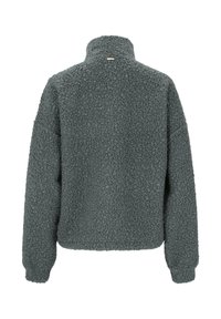 Fuzzy, dunkelgrüne Pulloverjacke mit hohem Kragen und überschnittenen Schultern. Verfügt über einen strukturierten Stoff und eine lockere Passform.