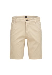 Beige bomullsshorts med knäppning och bälteshällor. Har en rak passform och en mjuk struktur, designad för avslappnad användning.