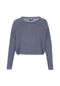Pull bleu coupé fait de tissu tricoté texturé avec manches longues et encolure ronde. Présente un motif subtil sur toute la surface.