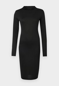 Vestido preto de mangas longas com decote alto, textura suave, ajuste justo ao corpo e comprimento até aos joelhos. Feito de um tecido elástico com leve brilho.